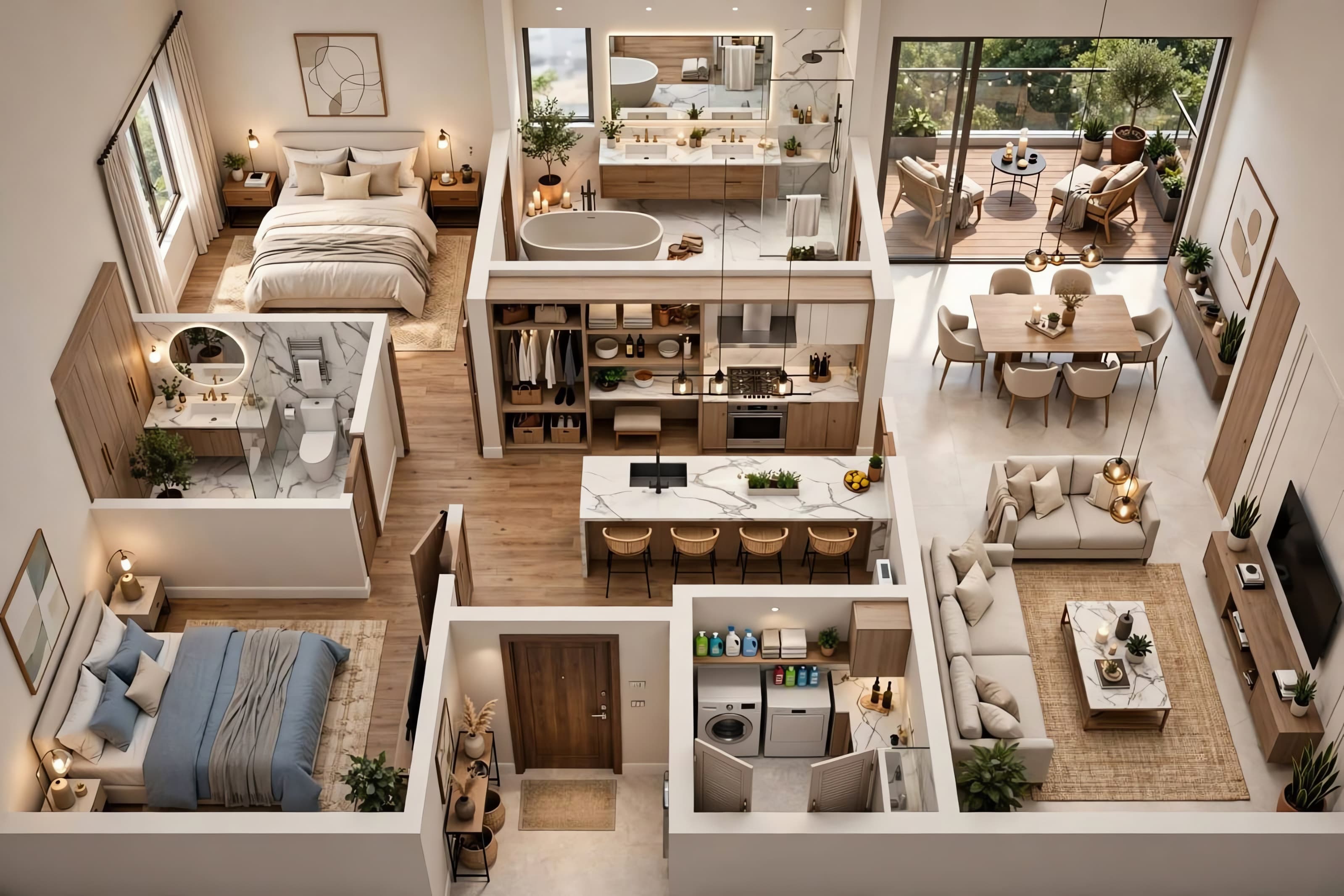 Type A — 2 BHK interior (3D)