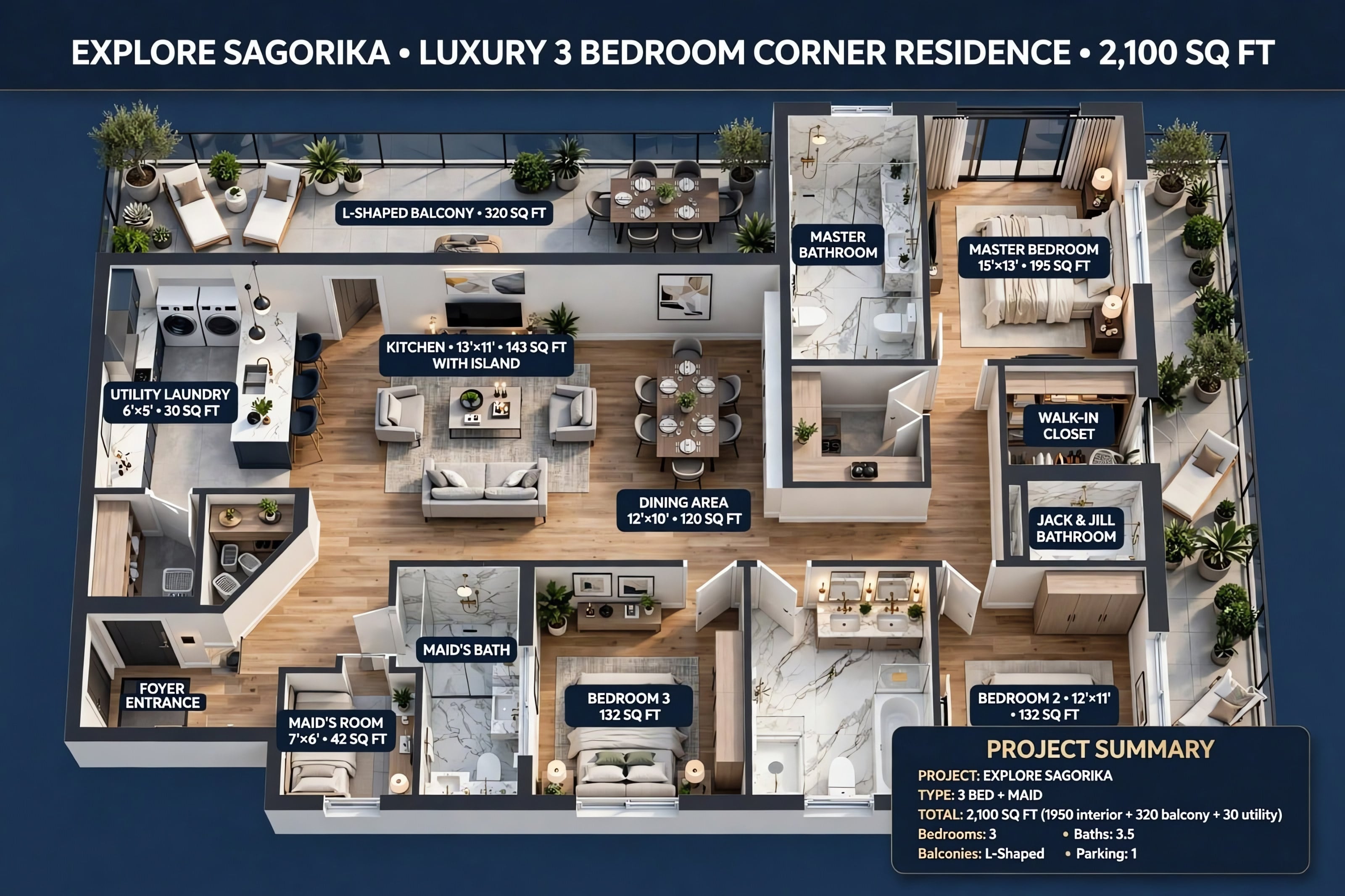 Type B — Luxury 3 Bedroom Corner Residence — Floor plan