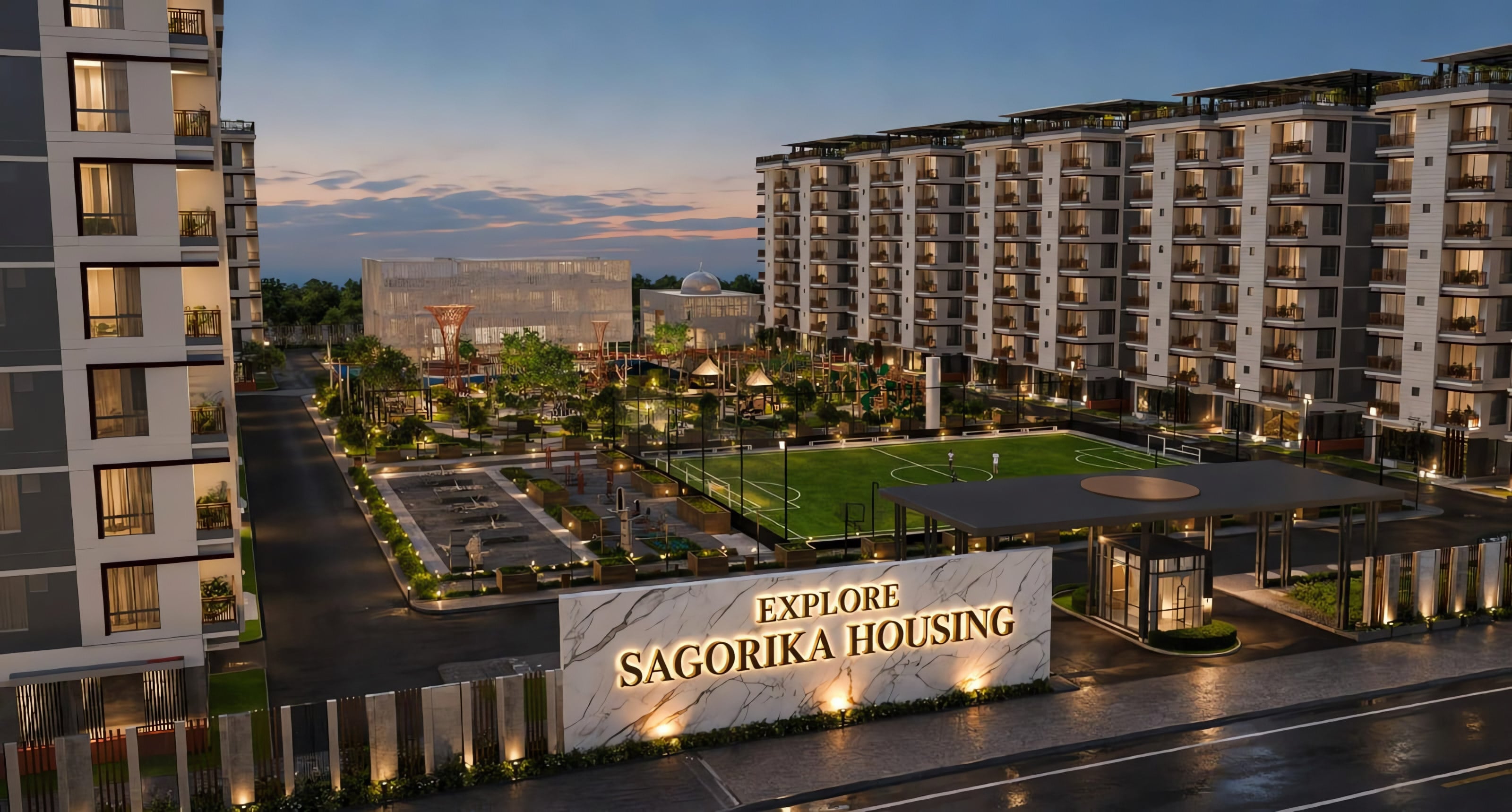Explore SAGORIKA Housing entrance at dusk